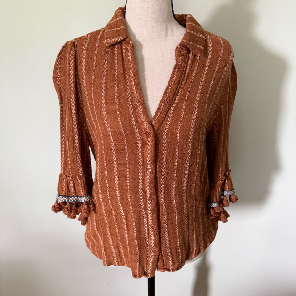 Brown Notched Collar Ruffled Blouse